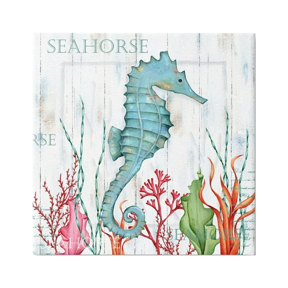 Stupell Industries Seahorse on Rustic Plank Pattern Animals & Insects Painting Gallery Wrapped Canvas Print Wall Art, 17 x 17