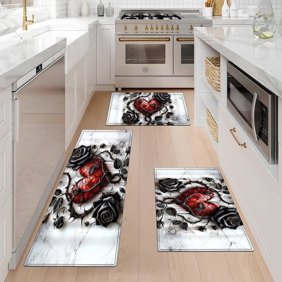 YIMEIS Valentine's Day roses Kitchen Decor Set of 3 Fall Kitchen Rugs, Decorative Farmhouse Floor Mats for Home Kitchen Dining Room Decorations - 16''*24'' and 20''*30'' and 17''*47''