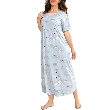 

Cute All Over Print Round Neck Sleepshirts Light Grey Short Sleeve Plus Size Nightgowns & Sleepshirts