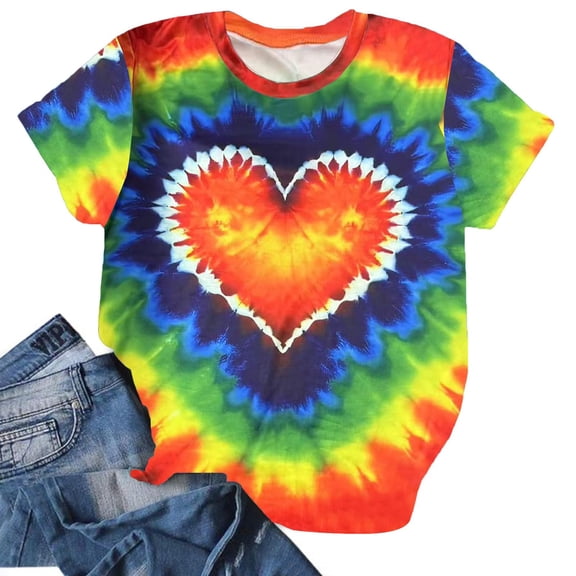 XIAOCHA Women's Trendy T Shirt Relaxed Fit Heart Tie Dye Tee Breathable Casual Weekend Top