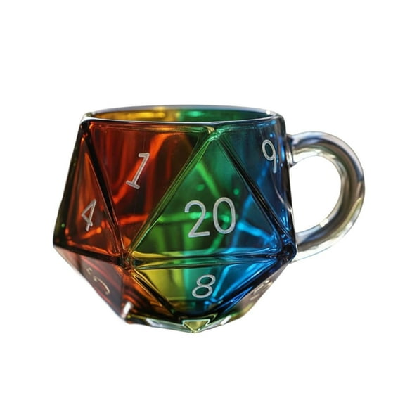 Rainbow D20 Dice Mug 3.6inch, Glass Cups 18oz, Polyhedral Dice Coffee Cup with Handle, Game Mug for RPG Lovers, Game Night Mugs Gift for Fantasy Lovers,A,1Pack