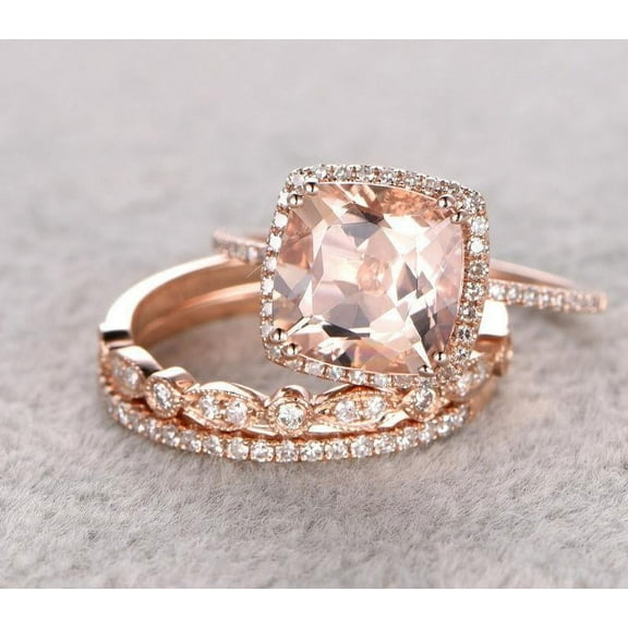 2.00 carat Morganite Trio Wedding Bridal Ring Set with Diamonds One Engagement Ring & 2 Wedding Bands with 18k Gold Plating