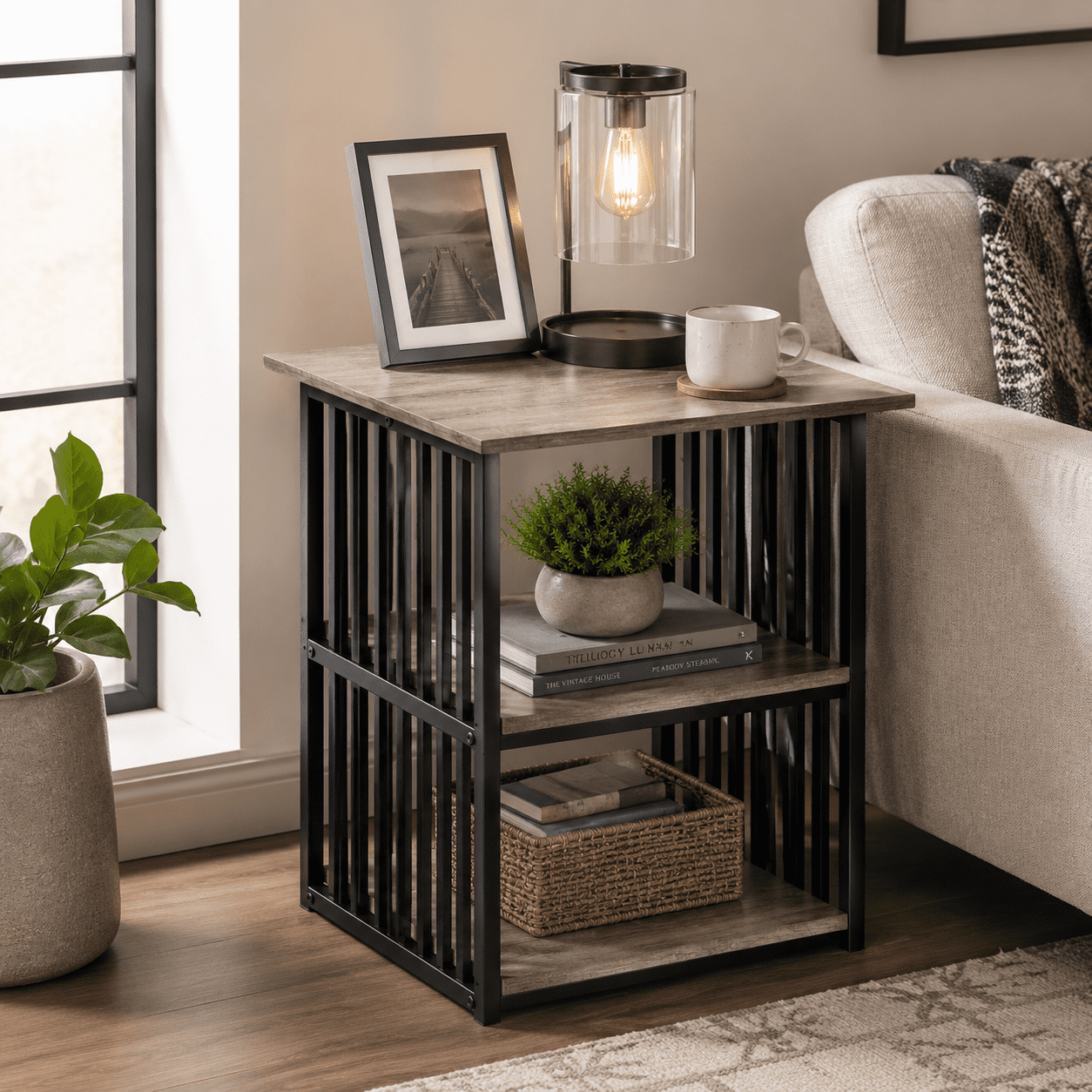 Nightstand Antique Oak & Black Composite Wood Metal Industrial Bedside Table 22"W x 22"D x 23"H
