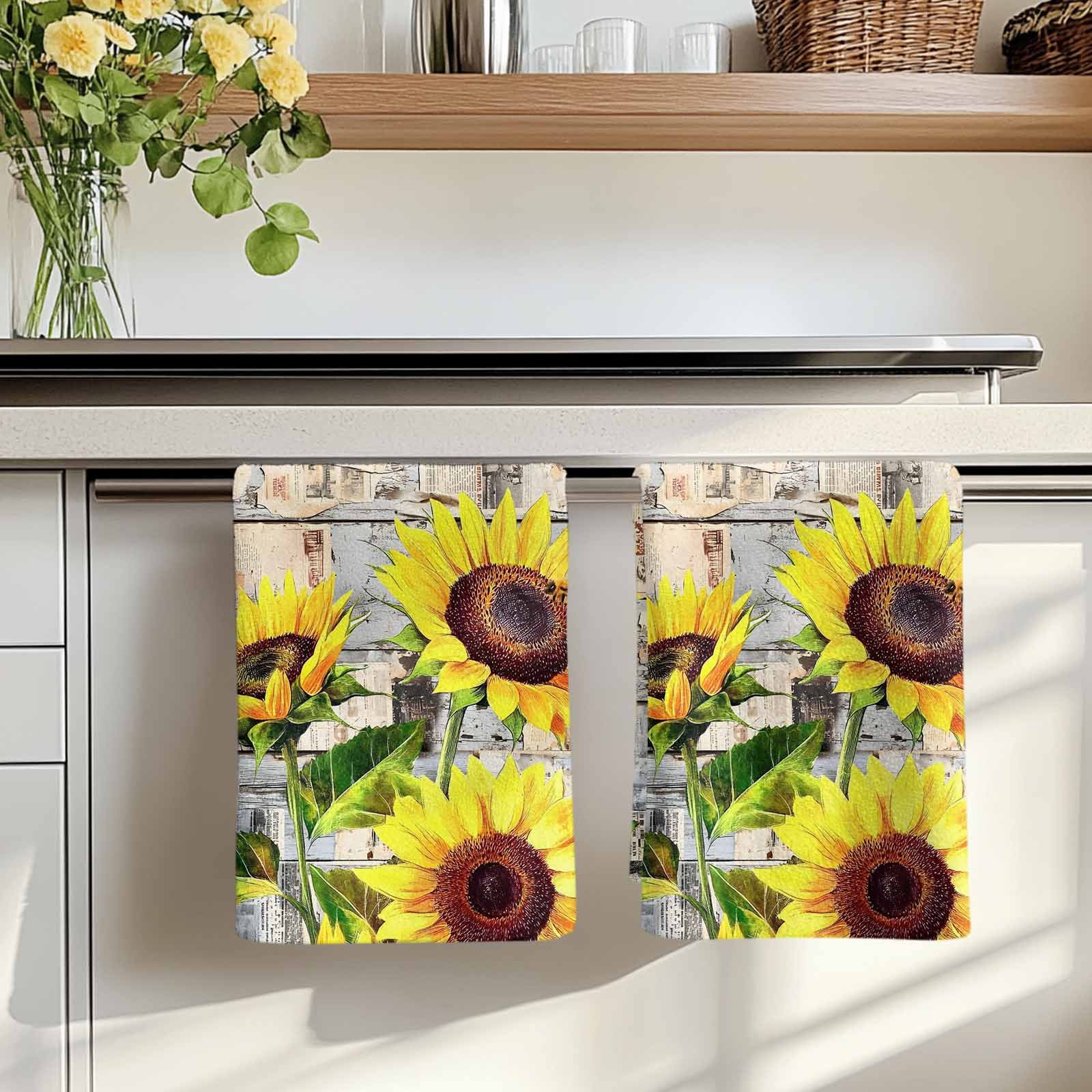 Sunflowers Kitchen Towels Set of 2, Botanical Floral Farmhouse Retro Wood Grain Absorbent Dish Towels for Kitchen, Microfiber Hand Towel, Quick Drying Tea Towel for Cleaning Decorative Dishcloths
