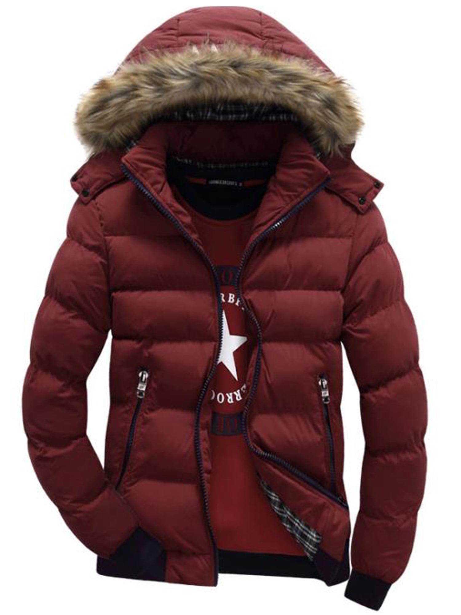 Men Padded Bubble Fur Snow Hooded Coat Warm Puffer Quilted Down Jackets ...