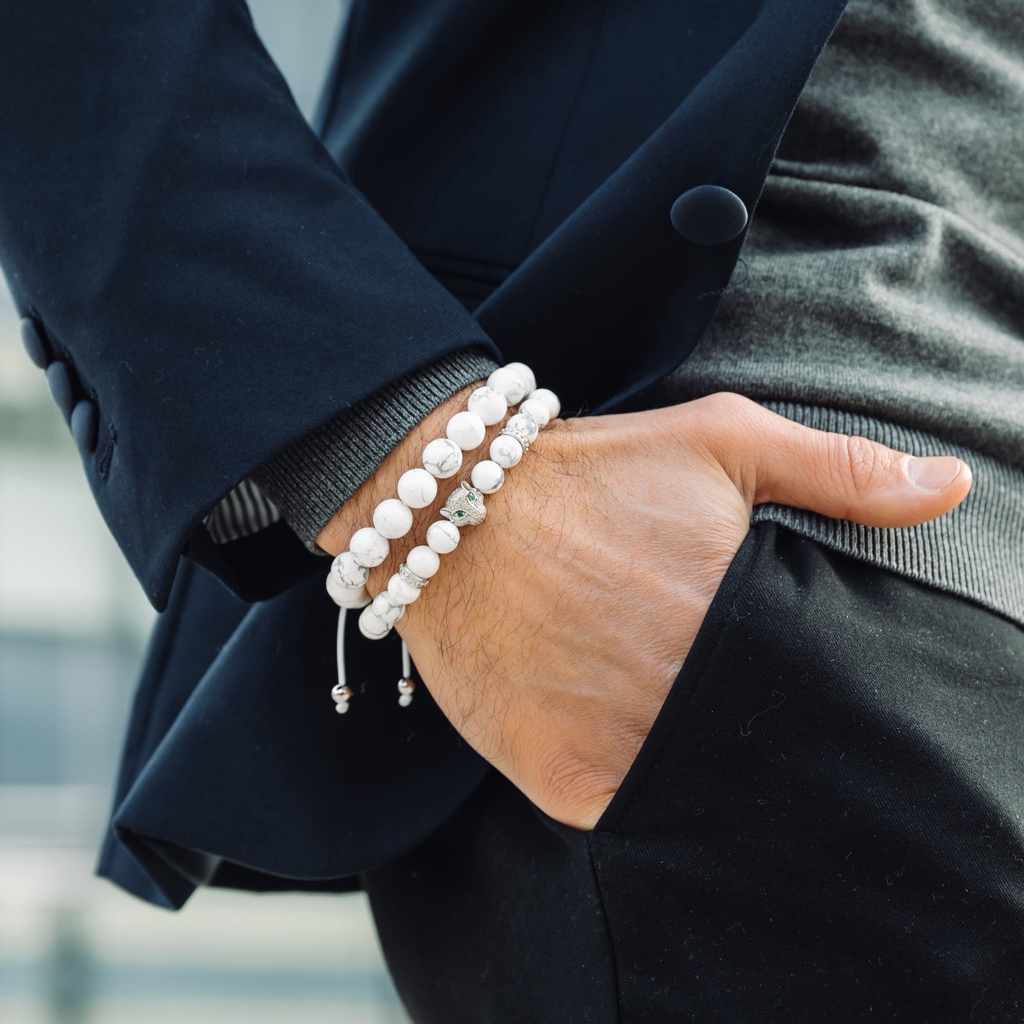 Men's WHITE HOWLITE Bracelet With Silver LEOPARD Head | Gift for Men | One Size Fits All | 100% Natural | Gemstone Adjustable Bracelet