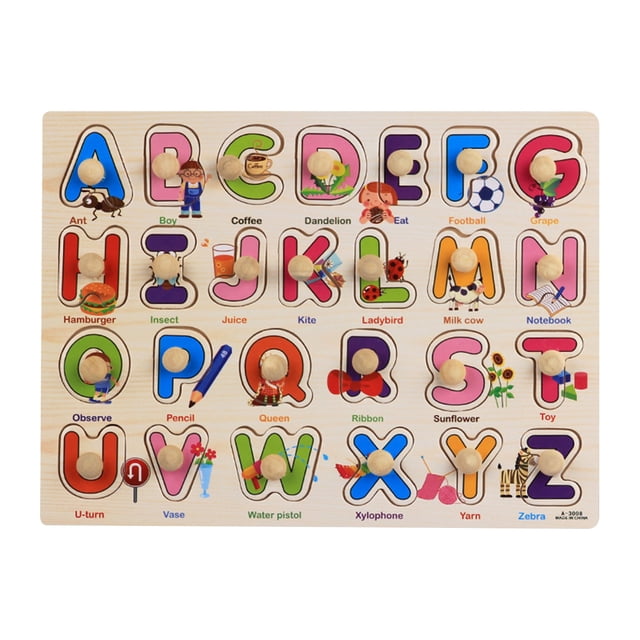 Jindong Kids Wooden Peg Puzzles Set with Alphabet Numbers Fruits Animals and Vehicles