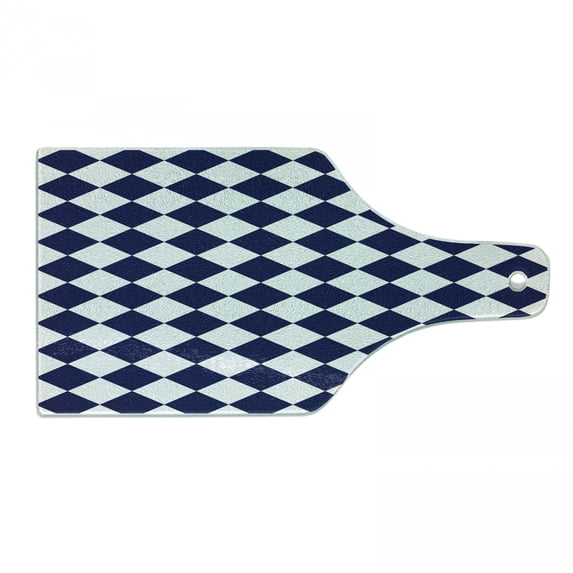 Blue Cutting Board, Classical Old Fashioned Checkered Pattern Geometric Diagonal Skewed Squares, Tempered Glass Cutting and Serving Board, Wine Bottle Shape, Navy Blue and White, by Ambesonne