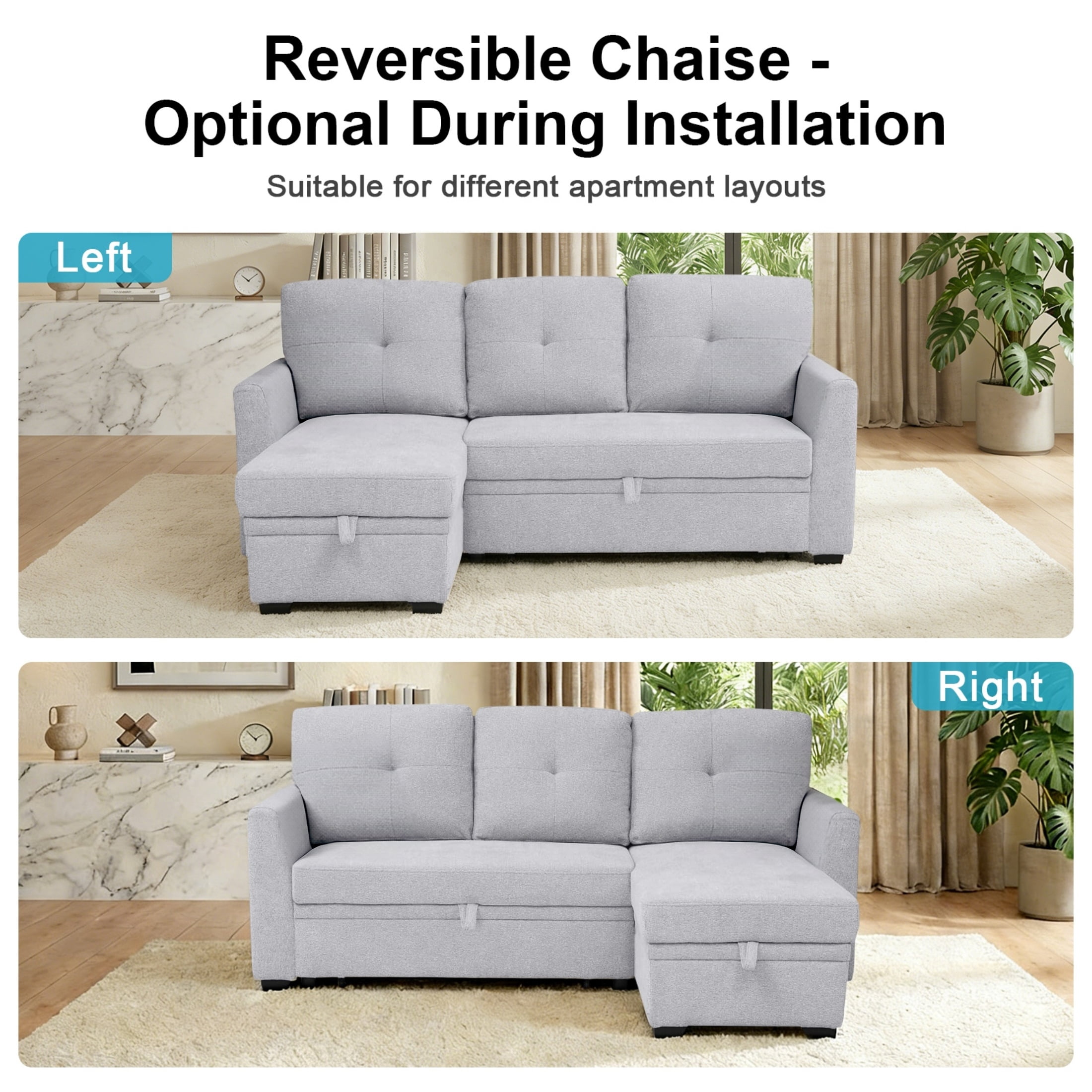 ShiKeyi 82" L Shaped Sleeper Sofa Bed, Sectional Sleeper Couch with Pull Out Bed, 3 Seat Convertible Sofa Bed with Storage Chaise, USB Charging Ports for Living Room, Light Gray Linen Fabric