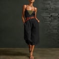 thumbnail image 3 of Women's Vacation Capri Jumpsuits Spaghetti Strap Wide Leg Linen Rompers Deep V Neck Sleeveless Cropped Jumper Black, L, 3 of 7