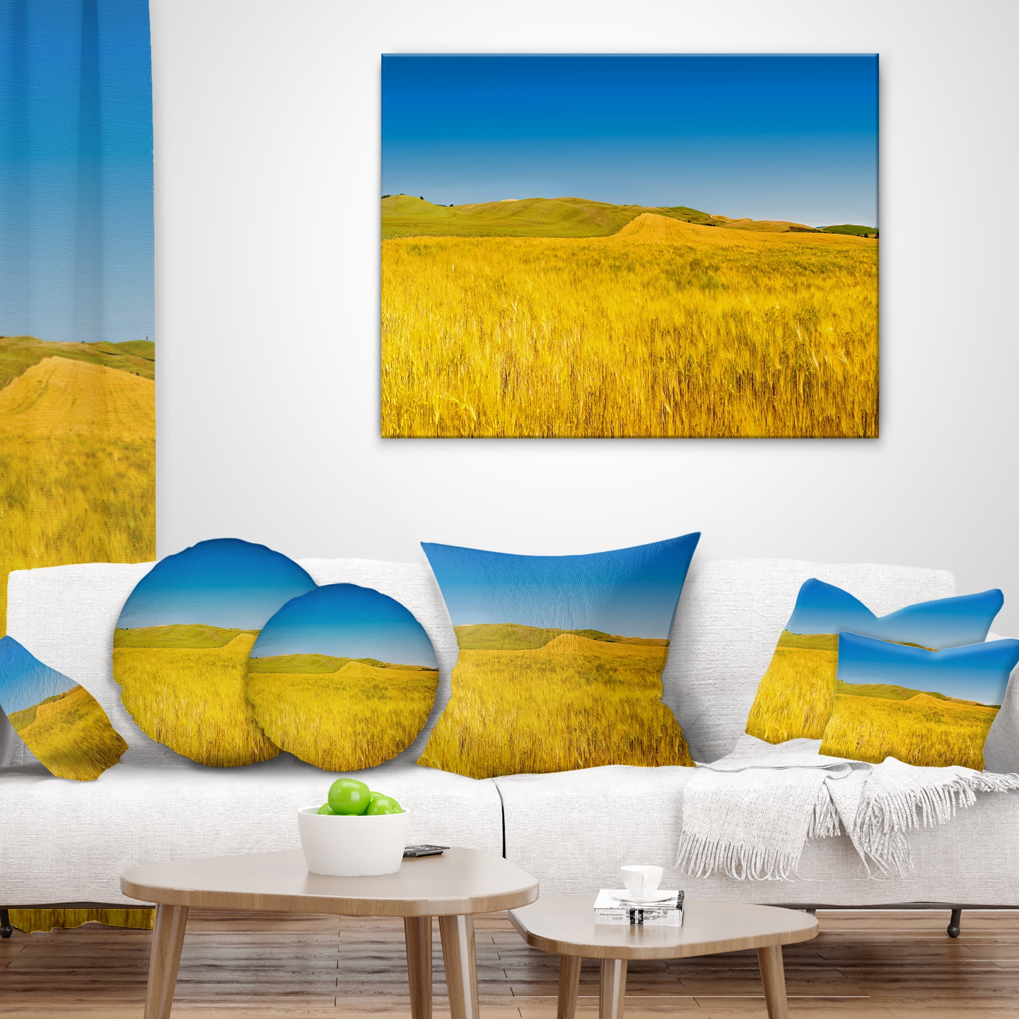 Designart Tuscany Whet Field on Sunny Day - Landscape Printed Throw Pillow - 18x18