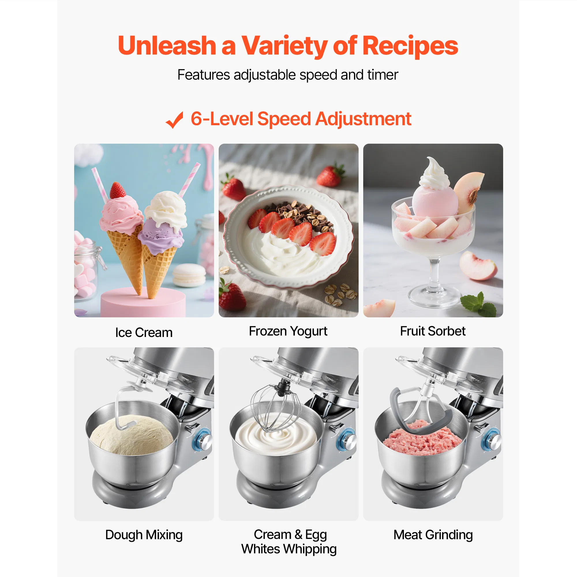 1.8 Qt Ice Cream Maker with 6-Speed Electric Stand Mixer LED Display Timer Mixing Paddle Dough Hook for Homemade Frozen Desserts Grey