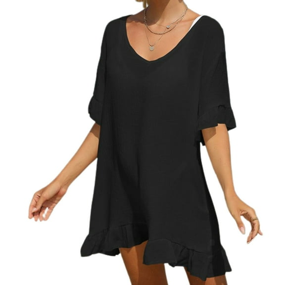 SWSMCLT Women's Beach Cover Up Dress Semi Sheer Chiffon Summer V Neck Ruffle Short Sleeve Frilly Hem Backless Bikini Coverup Light Beachwear Textured Black Small-X-Large
