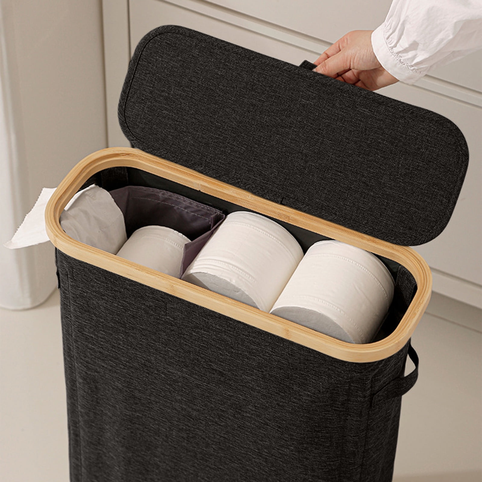 Laundry Basket with Lid, Narrow Laundry Hamper with Removable Bag, Skinny Dirty Clothes Basket with Handles for Bathroom, Bedroom (Black)
