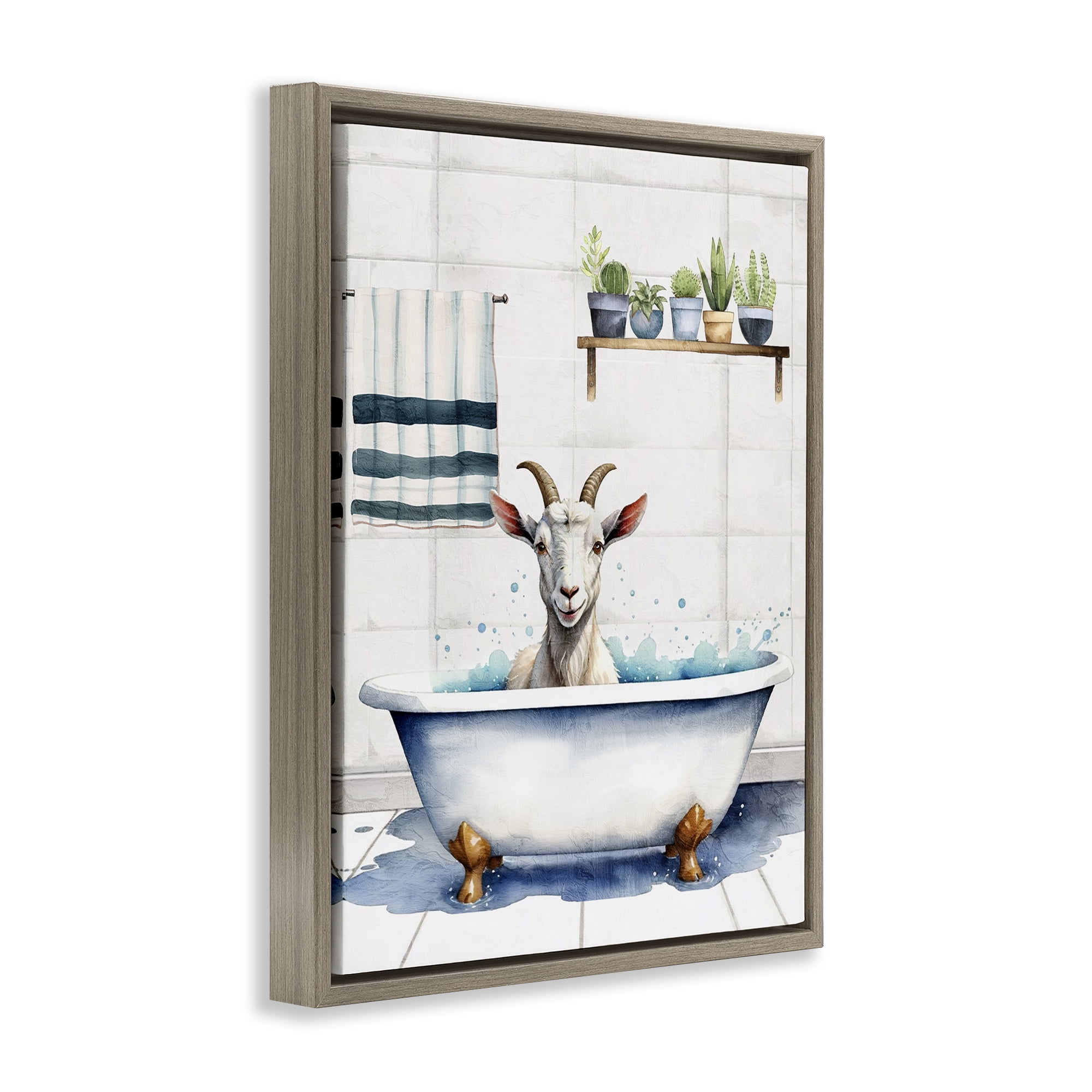Stupell Industries Goat Bathtime Suds Bath & Laundry Painting Brown Floater Framed Canvas Art Print Wall Art, 25 x 31