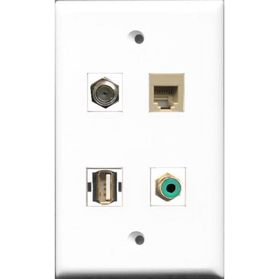 RiteAV 1 Port RCA Green and 1 Port Coax Cable TV- F-Type and 1 Port Phone RJ11 RJ12 Beige and 1 Port Shielded Cat6 Ethernet Wall Plate