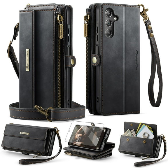 Dteck Wallet Case with Tempered Glass Screen Protector for Samsung Galaxy S25,Magnetic Leather RFID Blocking Card Slots Case Stand Bag Cover with Crossbody and Wrist Strap for Women Girls,Black