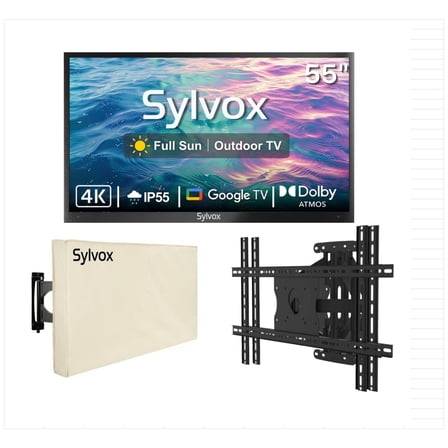 SYLVOX 55" Full Sun Outdoor TV with Mount and Cover, IP55 Weatherproof TV 2000nit Brightness, 4K UHD, Google OS, Dolby Atmos, Voice Remote (Pool Pro 2.0)