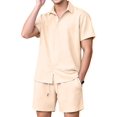 thumbnail image 2 of Men 2 Piece Outfit Solid Short Sleeve Button Shirt and Drawstring Shorts Summer Casual Set Khaki XXL, 2 of 6