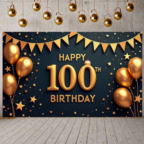 Golden Glitter Happy 100th Birthday Banner Dark Navy Background Metallic Gold Balloons Star Shaped Decorations Centenarian Birthday Display for Centenarian Birthday Parties Indoor Home Celebrations