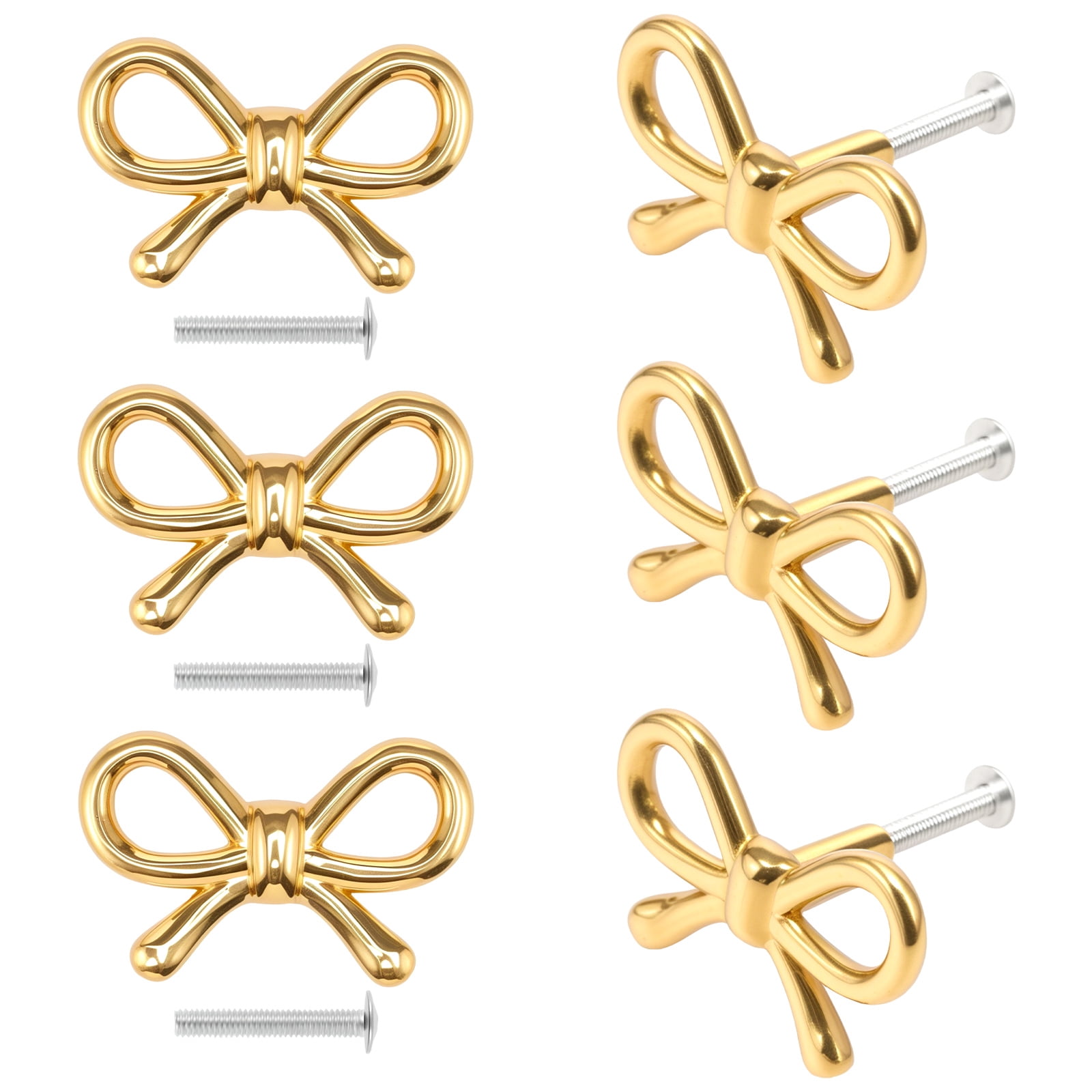 RZVNMKO Gold Dresser Knobs, Solid Brass Bow Shape Drawer Knobs Vintage Style, Single Hole Decorative Cabinet Knobs Hardware with Screws for Nursery Vanity Cupboard Wardrobe, 6 Pack