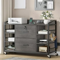 44" File Cabinet, Filing Cabinet fits Legal/Letter Size, 2 Drawer File Cabinets for Home Office with Lock, Power Strip, 6 Storage Shelves, Grey