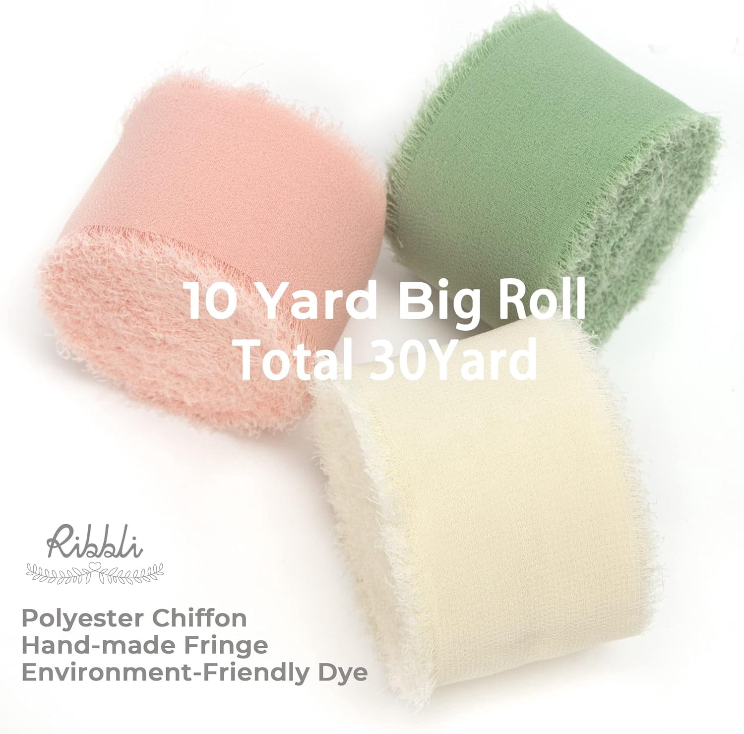Chiffon Ribbon 1.5 inch x 30 Yard Handmade Silk Ribbon, Ivory/Blush Pink/Sage Green Fringe Chiffon Ribbon for Wedding Invitations, Bridal Bouquets Wrapping, Flower Arrangement Decoration