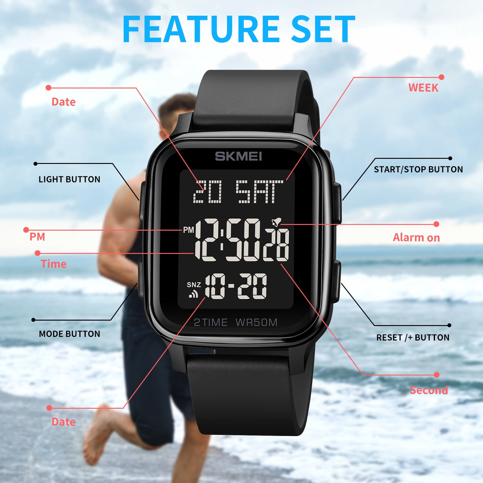 SKMEI Men's Digital Multifunction Watch Outdoor Casual Square 50M Waterproof Led Light Wristwatch