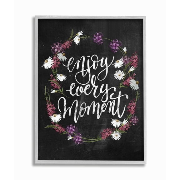 Stupell Industries Enjoy Every Moment Flower Wreath Textured Chalkboard Design Graphic Art Gray Framed Art Print Wall Art, 11x14, by House Fenway