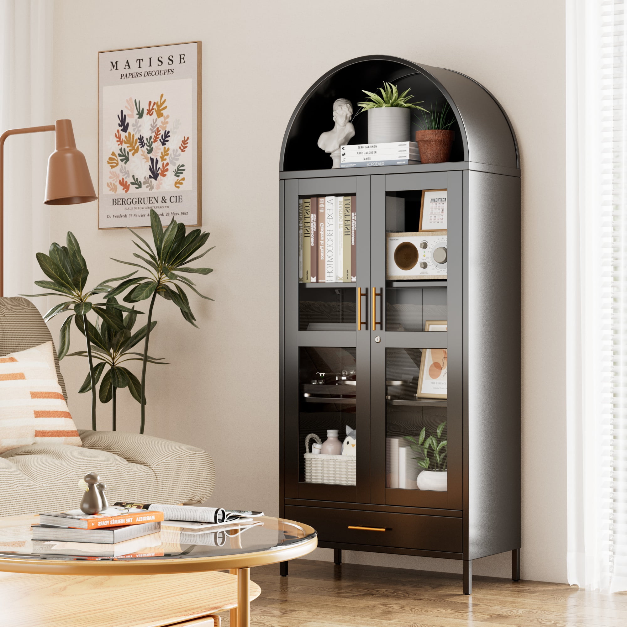 Supeer 73-Inch Tall Arched Kitchen Pantry Lockable Storage Cabinet with Glass Door, 1 Drawer, 2 Shelves, Black, Assembly Required