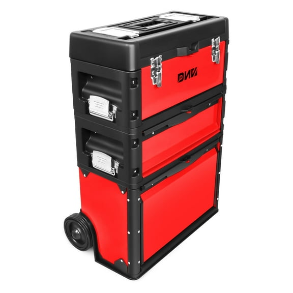 DNA Motoring 3-Tier Stackable Trolley Tool Box Storage Case Organize 19.5" x 28.5" x 12" Red