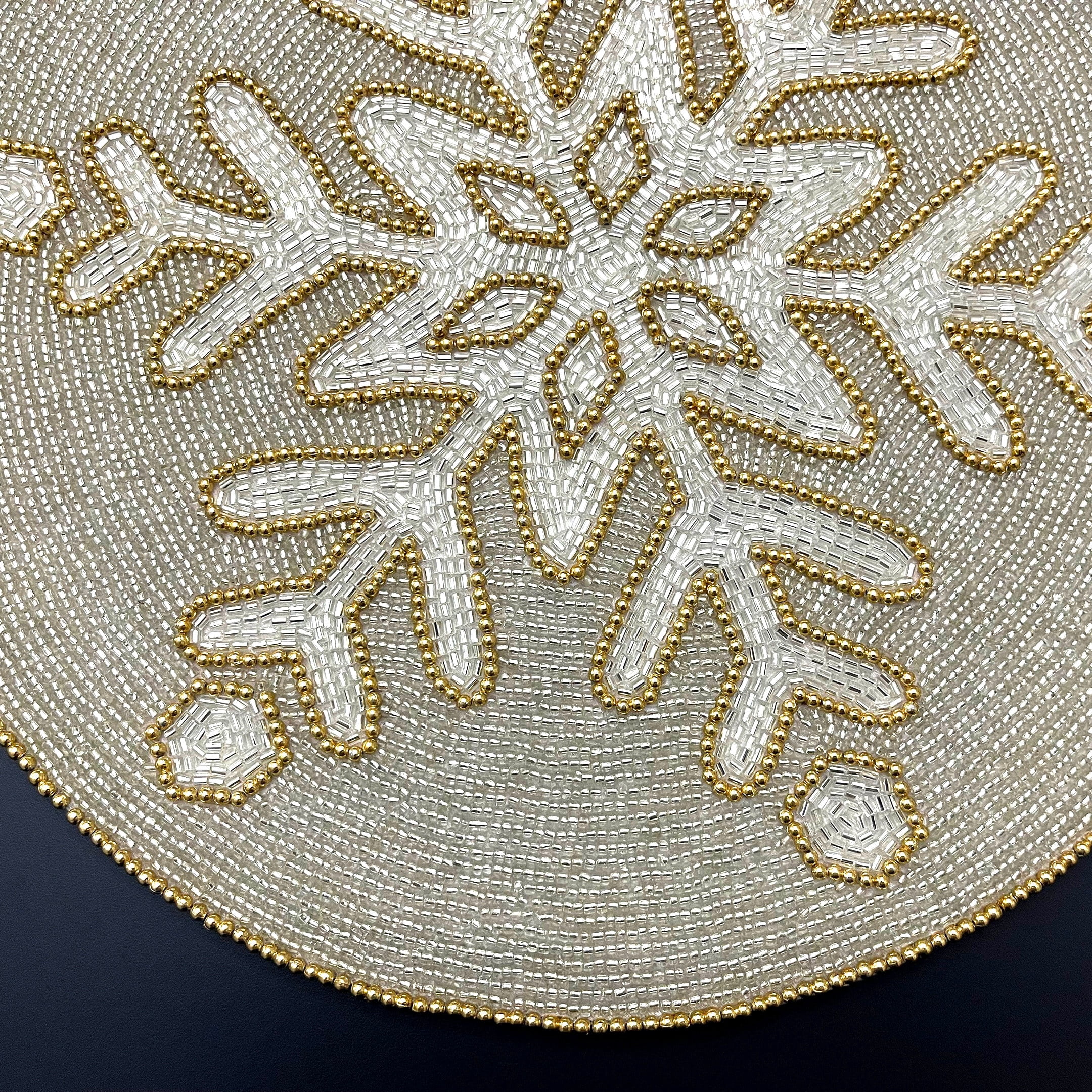 Set of 6, Christmas snowflakes placemat, handmade beaded, Silver and gold, 14inch