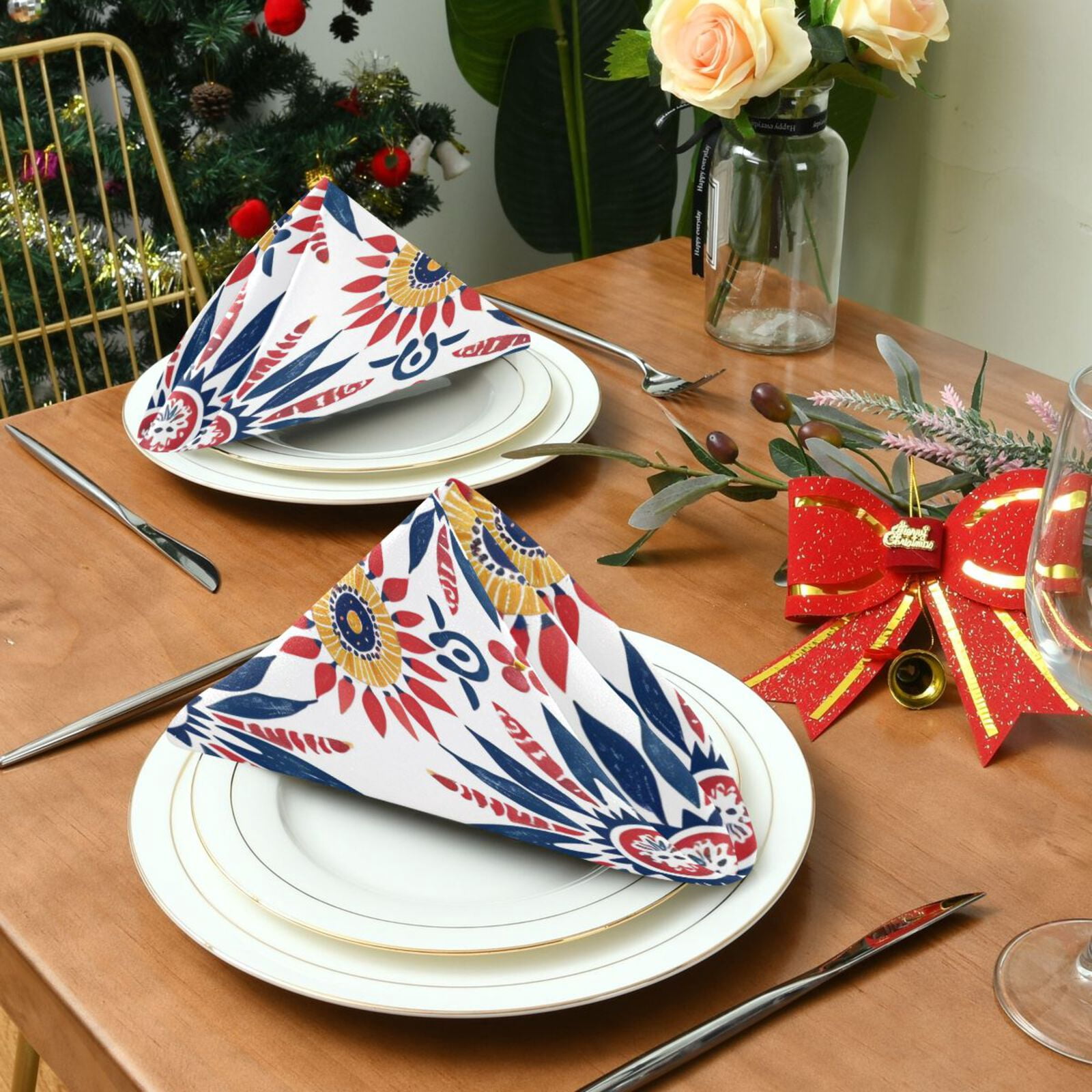 JSTEL Boho Flowers Bohemian Cloth Napkins Set of 6, 20x20 Inch Washable and Reusable Napkin for Decoupage Dinner Party Everyday Use