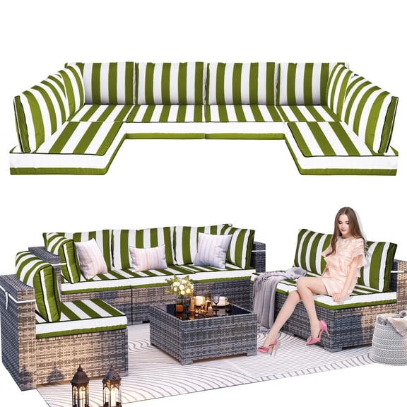 Outdoor Replacement Cushions for Patio Furniture,14-Piece Patio Water-Resistant Replacement Sofa Cushions Fits 6-seat Sectional Rattan Conversation Set,Liner&Cover