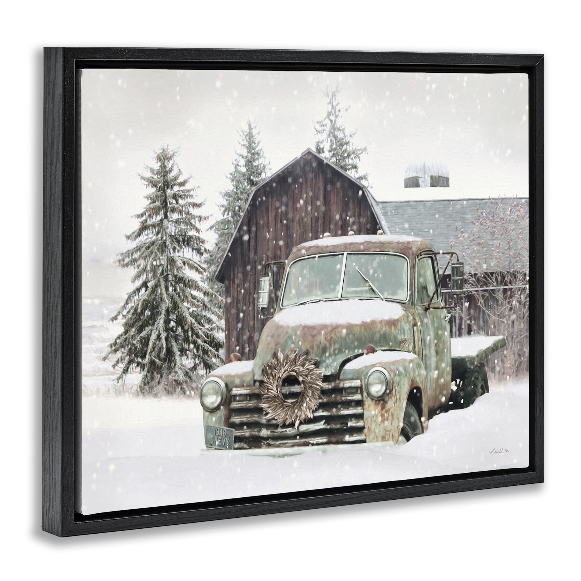 Stupell Industries Winter Rural Vintage Truck & Barn Transportation Painting Black Floater Framed Canvas Art Print Wall Art, 31 x 25