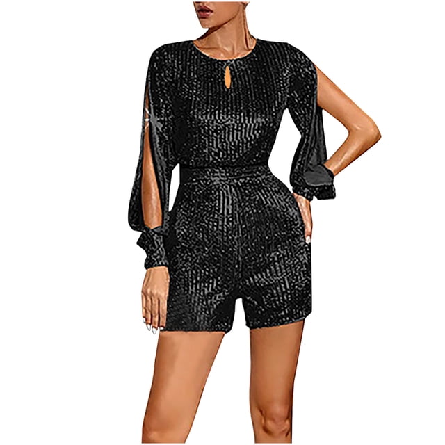 FAIWAD Sequin Jumpsuits for Women Split Long Sleeve Rompers Button Slim Stretchy Rompers for Evening Party