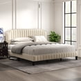 thumbnail image 2 of Modern Linen Curved Upholstered Platform Bed , Solid Wood Frame , Nailhead Trim, Cream (King), 2 of 7