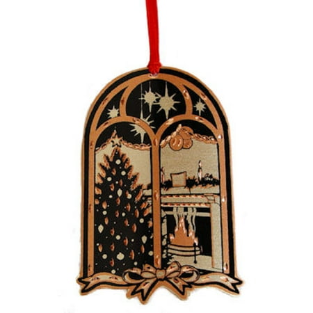 Christmas Tree and Fireplace Through Window Copper Metal Tree Ornament
