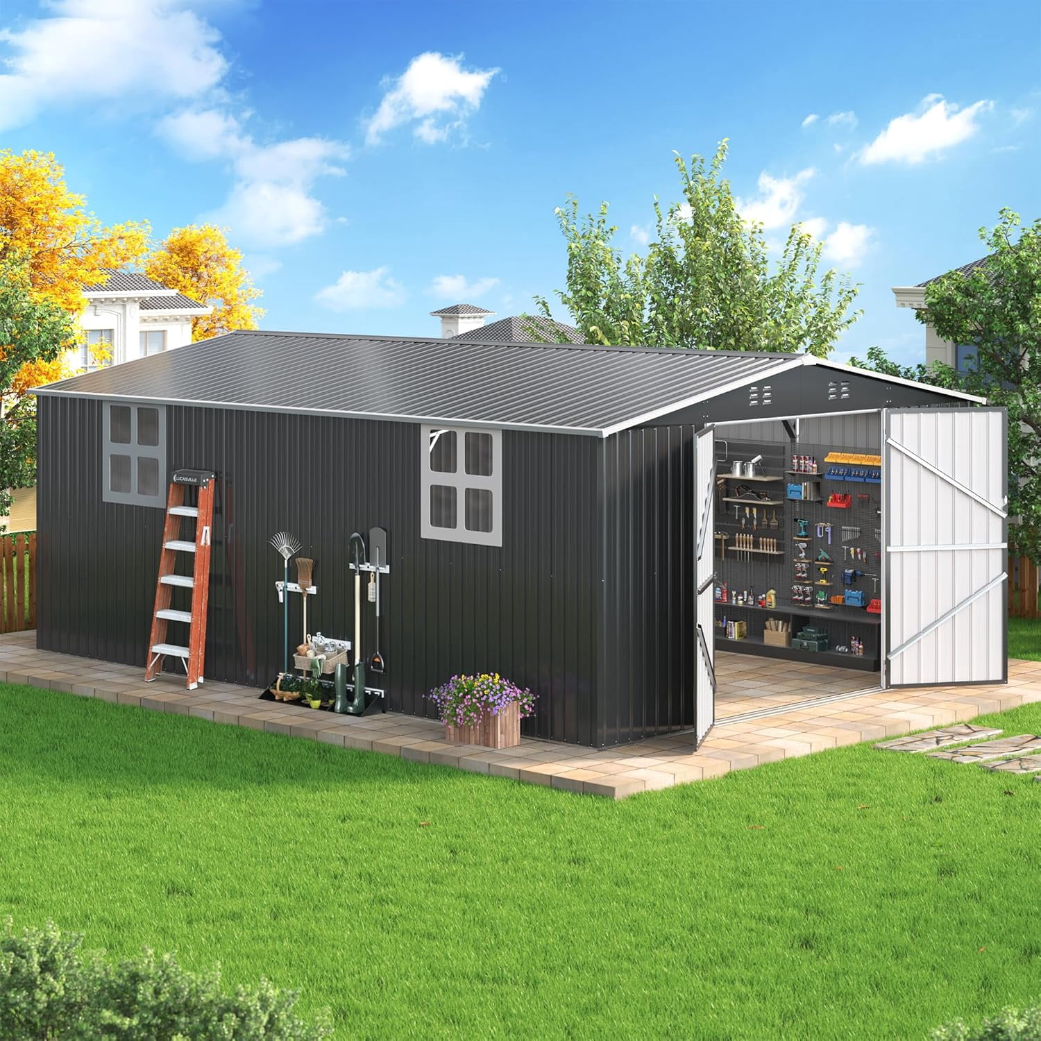 NETAJE 12'x18' Outdoor Metal Storage Garden Shed, Extra Large Storage Shed with 2 Window, Lockable Doors and Air Vent for Backyard, Garden, Lawn
