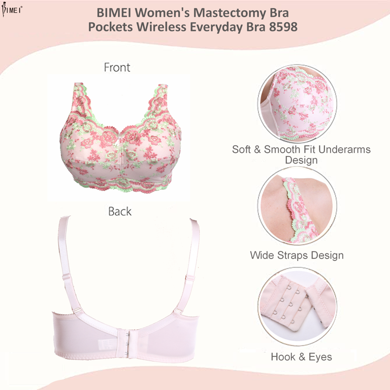 BIMEI Women's Post Surgery Mastectomy Bra with Pockets Surgical Lace  Contour with a Full Profile Wire Free Fashion Everyday Bra Plus Size  8598,Pink,42B 