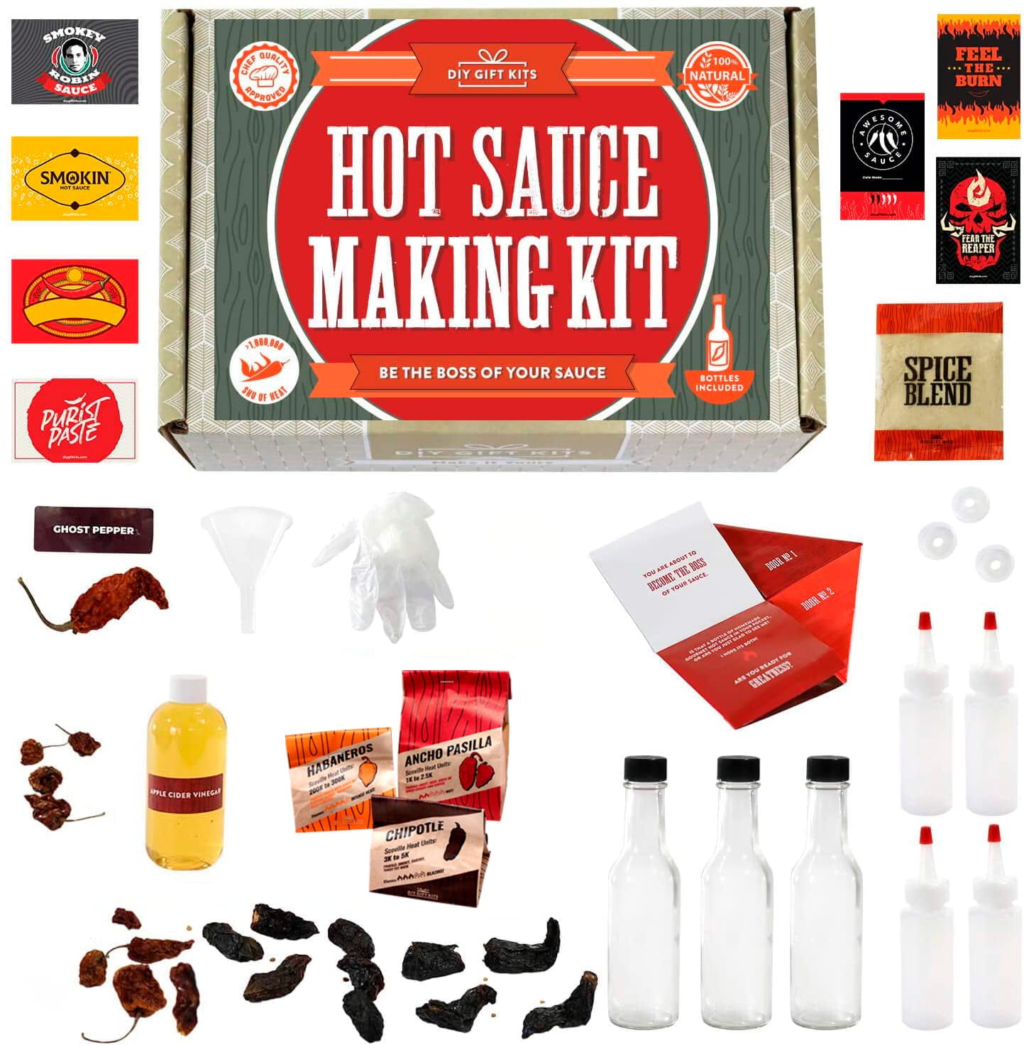 DIY Gift Kits Standard Hot Sauce Making Kit with Everything Included for DIY; Make Your Own Hot Sauce Kit for Adults; Ingredients, 3 Recipes, and Bottles Included; Gift For Birthdays, Fathers