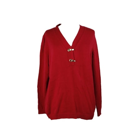Charter Club Plus Size Red V-Neck Buttoned Sweater 2X