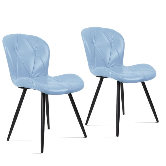 Light Blue Faux Leather Dining Chairs Set of 2, Stitched Upholstered Side Chair With Black Metal Legs, Armless Accent Chair for Kitchen, Dining‑Room, Living Room