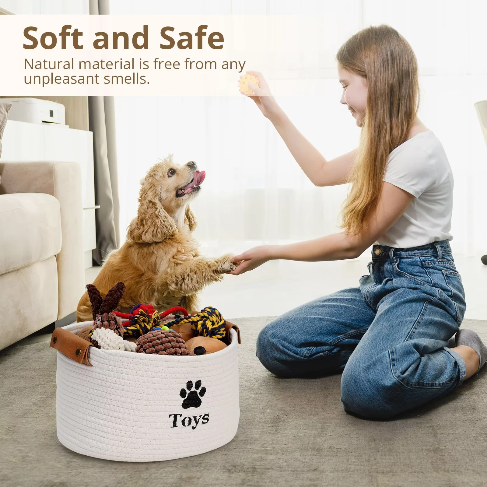 Jumpress Dog Toy Basket, Quality Cotton Rope Dog Toy Storage with Handle, Durable Toy Bin Box for Dog/Cat/Pet Toys, Accessories, Blanket & Leash (#3 Beige-Small, 13’’x9’’x7.5’’)