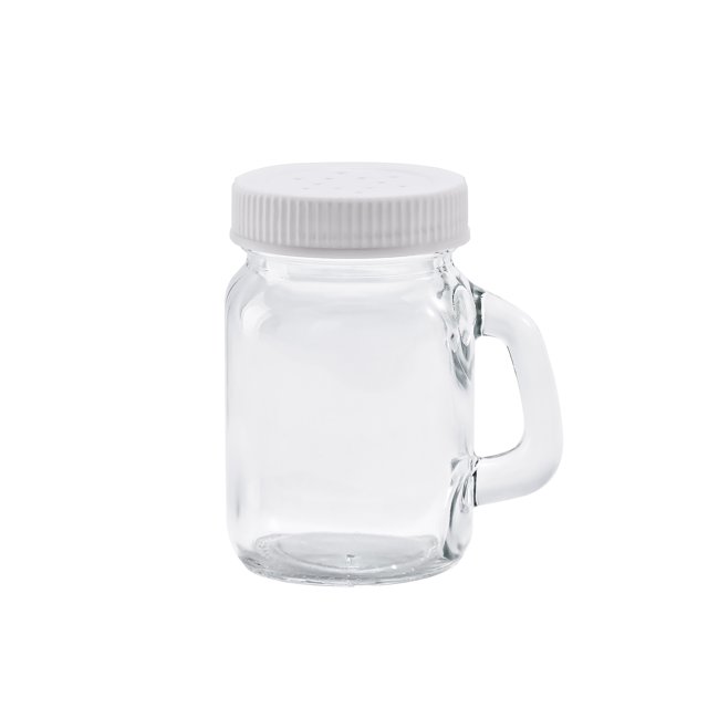 Clear glass 4oz salt and pepper shaker with white perforated lid and side handle