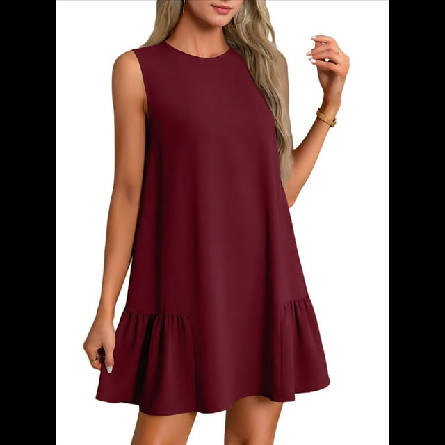 Vestido Tipo Chaleco Sin Mangas con Cuello Redondo en Color Liso, Color Rojo Vino, Talla XL