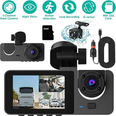 3 Channel Dash Cam, 1080P Dash Cam Front and Inside with Night Vision, G-Sensor, Loop Recording, Triple Car Camera with 32GB Card