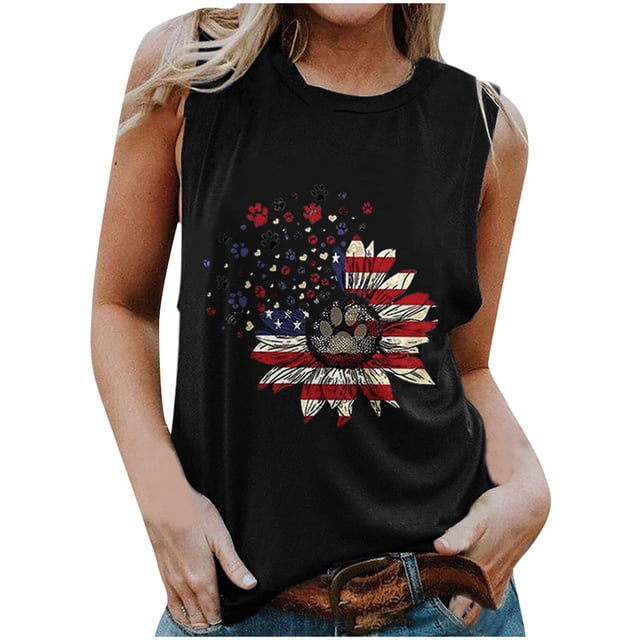 Pompotops Été Femmes Drapeau Américain Débardeurs USA Drapeau Étoiles Rayures Imprimé Sans Manches T-Shirt Tee Shirts