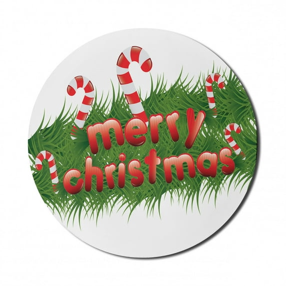 Christmas Mouse Pad for Computers, Candy Canes on Abstract Garland Design Happy Wishes for Upcoming Holiday Natural, Round Non-Slip Thick Rubber Modern Mousepad, 8" Round, Emerald Red, by Ambesonne