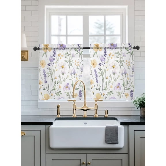 Purple Yellow Floral Sheer Kitchen Tier Curtains 24 Inch length,Rod Pocket Half Curtains Short Drapes,Watercolor Wildflowers Botanical Light Filtering Small Window Treatments 2 Pcs 27.5"W x 24"L